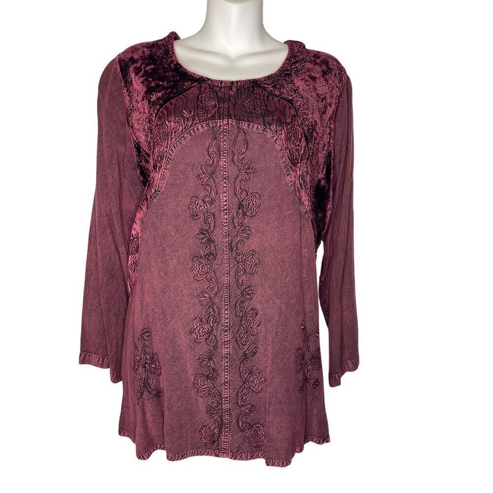 Braja Maroon Boho Velvet Long Sleeve Tie Back Shirt Women's Size Large
